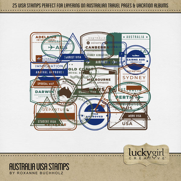 Highlight your vacation memories with these digital scrapbooking art Visa Stamps with transparent backgrounds by Lucky Girl Creative. Great for holidays and travel to Australia! Visa Stamps include Adelaide, Sydney Airport, Approved Visa, AUS immigration, AUS USA, AUS, Australia, Australia New Zealand, Brisbane, Business Visa, Cairns, Canberra, Darwin, Sydney Departure, Gold Coast, Immigration Approved, Melbourne, Perth, Spousal Visa, Student Visa, Tourist Visa, Transit Visa, and Work Visa.
