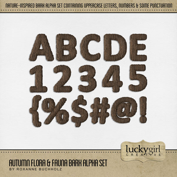 Fall is in the air and this wood bark digital alpha set by Lucky Girl Creative will help you add those special touches to your project titles all season long. Great for autumn, outdoor, nature, cabin, tree, and forest pages. The Autumn Flora & Fauna Alpha Set consists of a full set of digital art uppercase letters, numbers 0-9, and some punctuation marks. This alpha set is available as individual embellishments only.