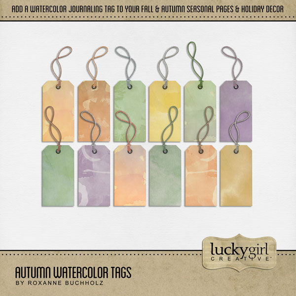 Accent your seasonal fall and autumn projects with these watercolor tags by Lucky Girl Creative digital art great for journaling and page titles on your digital scrapbook pages. Great for Halloween, Thanksgiving, corn mazes, and pumpkin patches. This kit is included in the Autumn Watercolor Bundle.