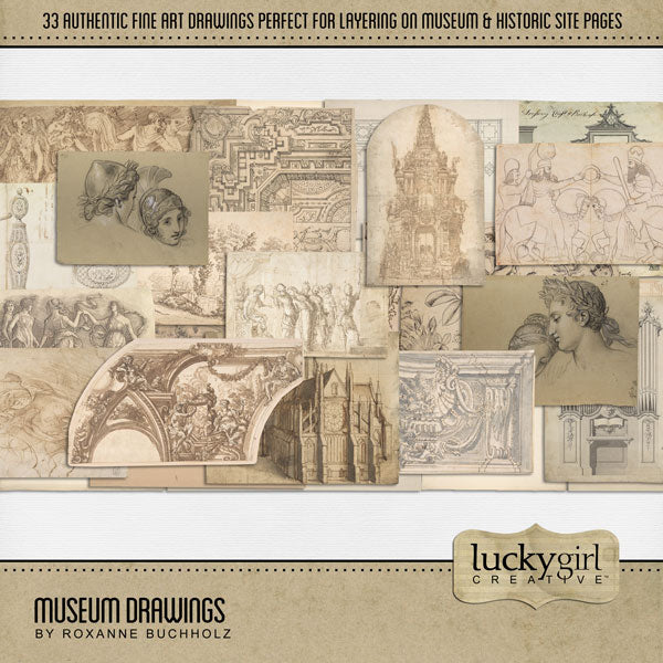 Beautifully curated by Lucky Girl Creative digital art, the Museum Drawings digital scrapbook kit features authentic antique drawings and sketches on vintage paper. Perfect for documenting school field trips to the museum, vacations to historic sites, travel, genealogy, family history, hobbies, and more! Drawings include architectural elements, people, landscape, and furniture.