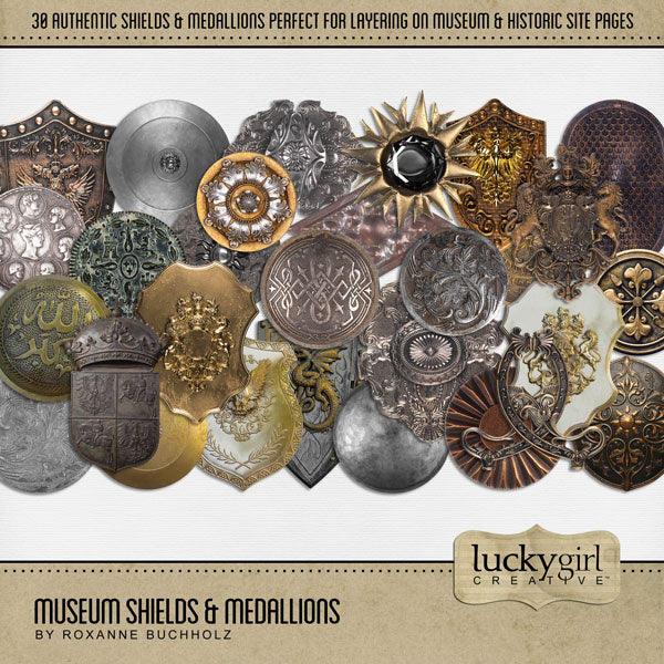 Beautifully curated by Lucky Girl Creative digital art, the Museum Shields & Medallions digital scrapbook kit features realistic antique metal medallions and shields in colors of gold, silver, and bronze. Perfect for documenting school field trips to the museum, vacations to modern art sites, travel, genealogy, family history, hobbies, and more!