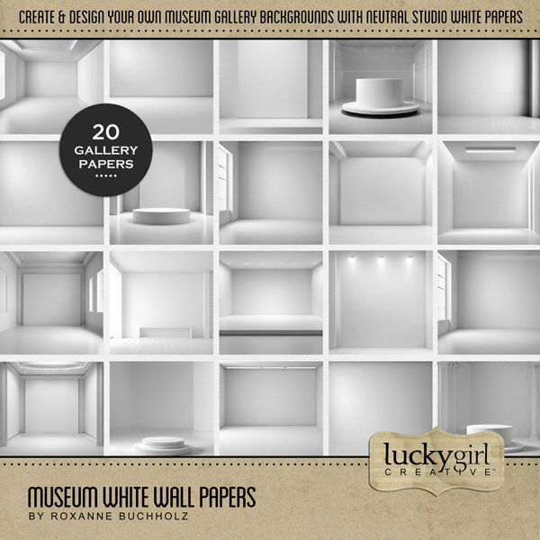 Beautifully curated by Lucky Girl Creative digital art, the Museum White Wall Papers digital scrapbook kit features 20 realistic modern art gallery walls and background settings to create your own beautiful pages. Perfect for documenting school field trips to the museum, vacations to modern art sites, travel, children's artwork, hobbies, and more!