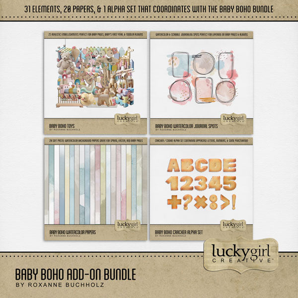 Capture the special moments of your baby through the toddler years with these pastel children's toy digital scrapbooking embellishments, watercolor papers, journaling spots, and a cracker alpha set by Lucky Girl Creative digital art. Create unique baby announcements, baby shower gifts, and even Baby's 1st Year, ABC books, and toddler albums.