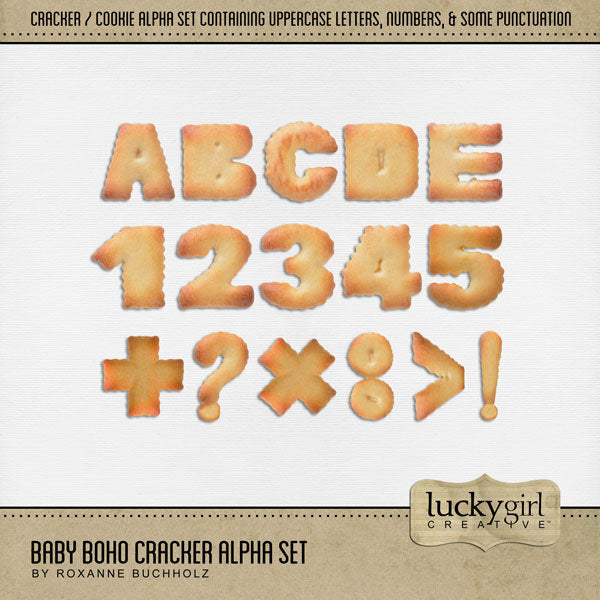 Capture the special moments of your baby through the toddler years with this versatile digital scrapbooking cracker or cookie alpha set by Lucky Girl Creative digital art. Create unique baby announcements, baby shower gifts, and even Baby's 1st Year albums. Great for everyday use, too!