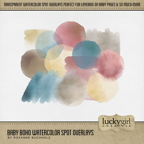 Capture the special moments of your baby through the toddler years with these versatile digital scrapbooking transparent overlays by Lucky Girl Creative digital art that add a touch of watercolor to your page. Create unique baby announcements, baby shower gifts, and even Baby's 1st Year albums. Great for everyday use and can easily be colorized to fit your needs.