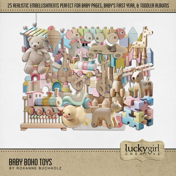 Capture the special moments of your baby through the toddler years with these pastel children's toy digital scrapbooking embellishments by Lucky Girl Creative digital art. Create unique baby announcements, baby shower gifts, and even Baby's 1st Year, ABC books, and toddler albums. Elements include abacus, scooter, bike, puzzle, rocking horse, rubber duck, teddy bear, top, bear, wooden blocks, wood toys, car, cat, caterpillar, dog, giraffe, toy train, and xylophone.