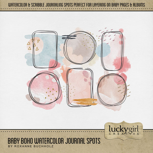 Capture the special moments of your baby through the toddler years with this versatile baby digital scrapbooking kit by Lucky Girl Creative digital art that adds a touch of watercolor to your page. Add these journaling spots to recall your memories or create unique baby announcements and baby shower gifts.