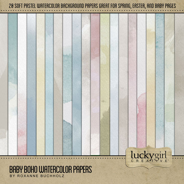 Capture the special moments of your baby through the toddler years with these pastel watercolor digital scrapbooking papers by Lucky Girl Creative digital art. Create unique baby announcements, baby shower gifts, and even Baby's 1st Year albums. Great for everyday use, spring, and even weddings and bridal showers!