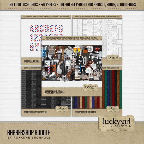 Document your man's latest haircut, shave, or beard trim with this realistic digital scrapbooking bundle filled with embellishments, tile papers, leather papers, and a barbershop pole alpha set by Lucky Girl Creative digital art. Great for salon and masculine pages, too! Embellishments include apron, barber chair, barbershop pole, beer, cabinet, supply cabinet, cash register, leather chair, trimmer, clipper, comb, credit card, credit card reader, cutting cape, and more.