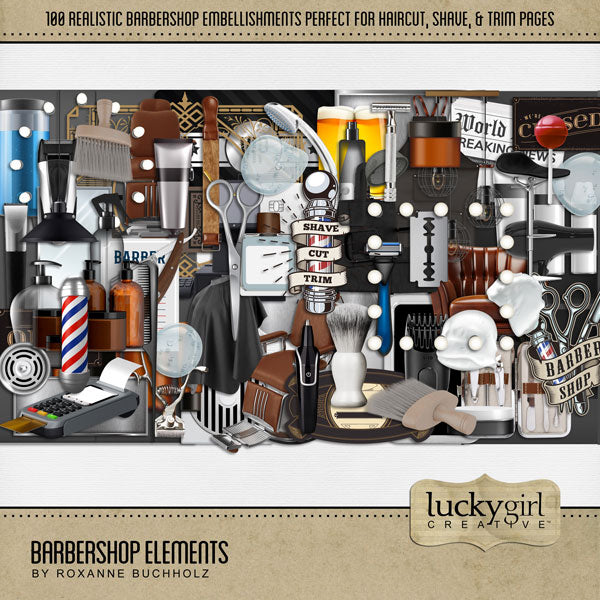 Document your man's latest haircut, shave, or beard trim with these realistic digital scrapbooking barbershop embellishments by Lucky Girl Creative digital art. Great for salon and masculine pages, too! Embellishments include apron, barber chair, barbershop pole, beer, cabinet, supply cabinet, cash register, leather chair, trimmer, clipper, comb, credit card, credit card reader, cutting cape, drain, gel drop, hair dryer, products, heat processor, and more.