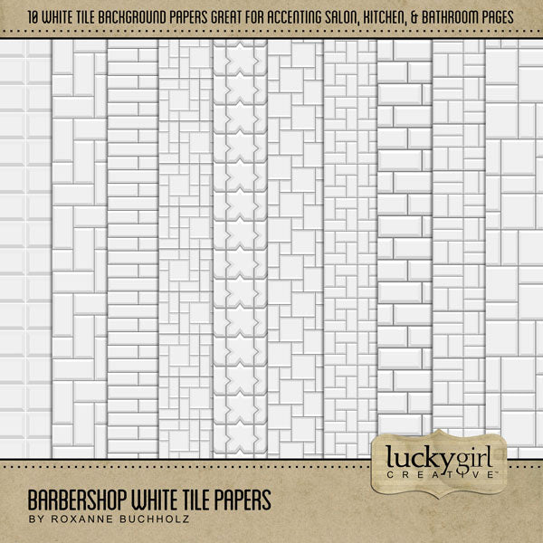 Document your man's latest haircut, shave, or beard trim with these clean white tile digital scrapbooking background papers by Lucky Girl Creative digital art. Great for salon, bathroom renovations, kitchen remodeling, home, and so much more!