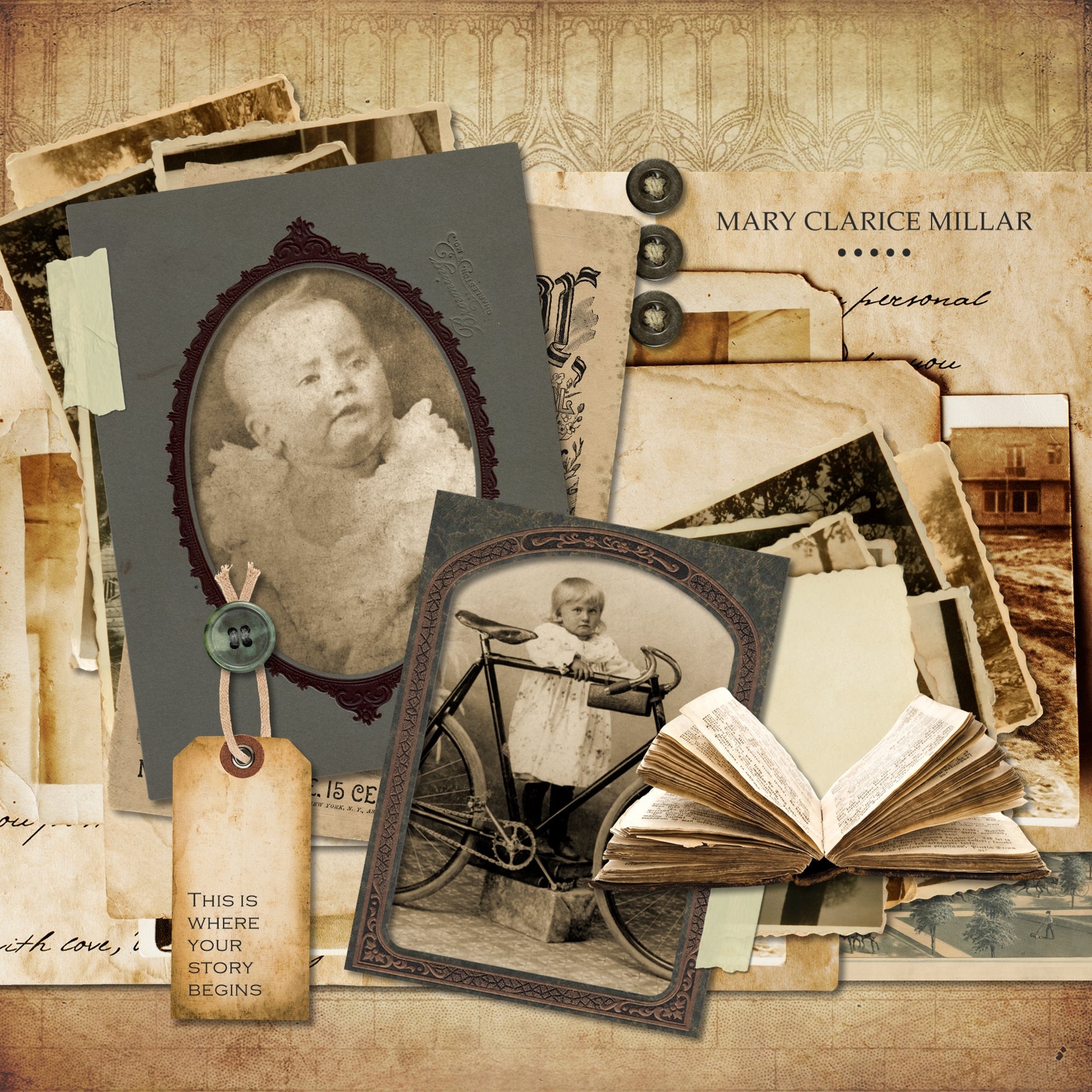 As a welcome addition to our vintage digital art collections, Basic Vintage Digital Scrapbook Kit contains over 60 vintage elements, including frames, labels, and papers. It contains everything you’ll need to get you started on your family history and genealogy scrapbook projects as it captures the times of the 1920’s - 1940’s and is neutral in its color palette while it still offers a wide variety of antique embellishments to choose from.