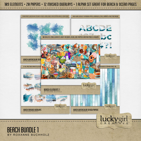 Summer beach days are here! Capture all your beach memories with this realistic digital scrapbooking bundle featuring elements, watercolor papers, watercolor splashes, an ocean filled alpha set, and stunning edge to edge masked overlays by Lucky Girl Creative digital art. Great for layering with your favorite tropical vacation photos.