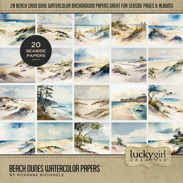 These beautiful watercolor beach dune papers by Lucky Girl Creative digital art are the perfect digital scrapbooking background for any summer, ocean, or seaside project. Great for holidays to Hawaii, the Caribbean, Florida, California, the Outer Banks, the Pacific Northwest, and the New England shoreline. This paper pack is included in the Beach Watercolor Bundle.