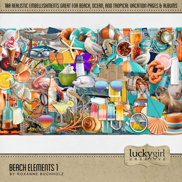 Summer beach days are here! Capture all your ocean and seaside memories with these fun and realistic beach embellishments by Lucky Girl Creative digital art for digital scrapbooking. Great for layering on top of your favorite tropical vacation photos. Embellishments include flamingo, pelican, seagull, fish, sea bream, yellowfin tuna, hermit crab, seahorse, seal, sealion, turtle, beach bag, bathing suit, swim suit, and more.