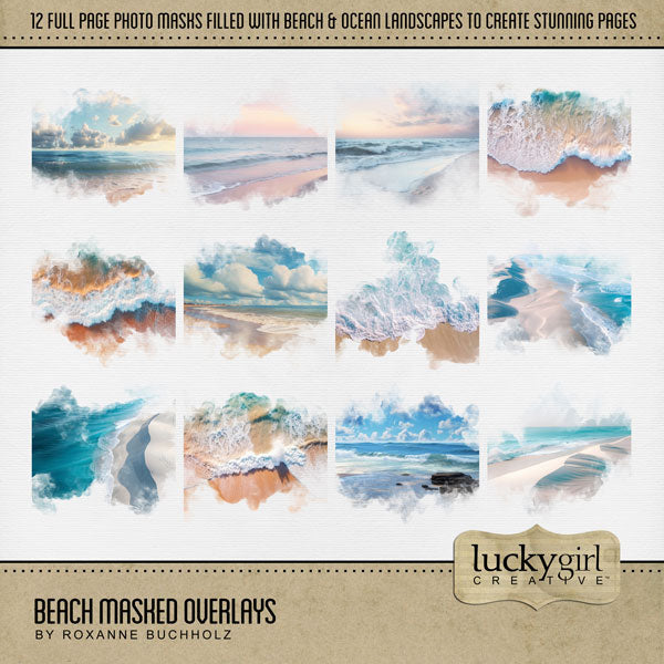 Summer beach days are here! Celebrate your ocean and seaside memories with these beautiful beach masked overlays by Lucky Girl Creative digital art for digital scrapbooking! With transparent edges, these masked photographs blend seamlessly into any background paper and make the perfect backdrop for all travel and vacation pages.