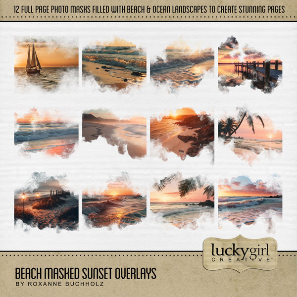 Summer beach days are here! Celebrate your ocean and seaside memories with these beautiful beach at sunset masked overlays by Lucky Girl Creative digital art for digital scrapbooking! With transparent edges, these masked photographs blend seamlessly into any background paper and make the perfect backdrop for all travel and vacation pages.