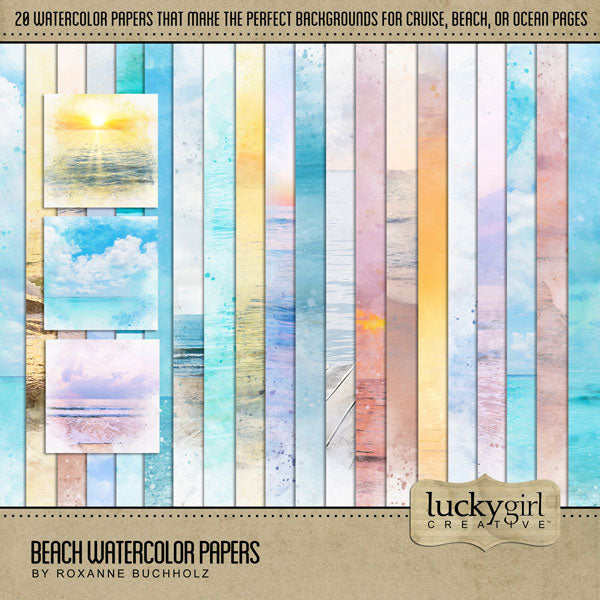 These beautiful watercolor beach digital art papers by Lucky Girl Creative are the perfect background for any summer, ocean, or tropical project. Perfect for pages to Florida, California, the Caribbean, Hawaii, and more.