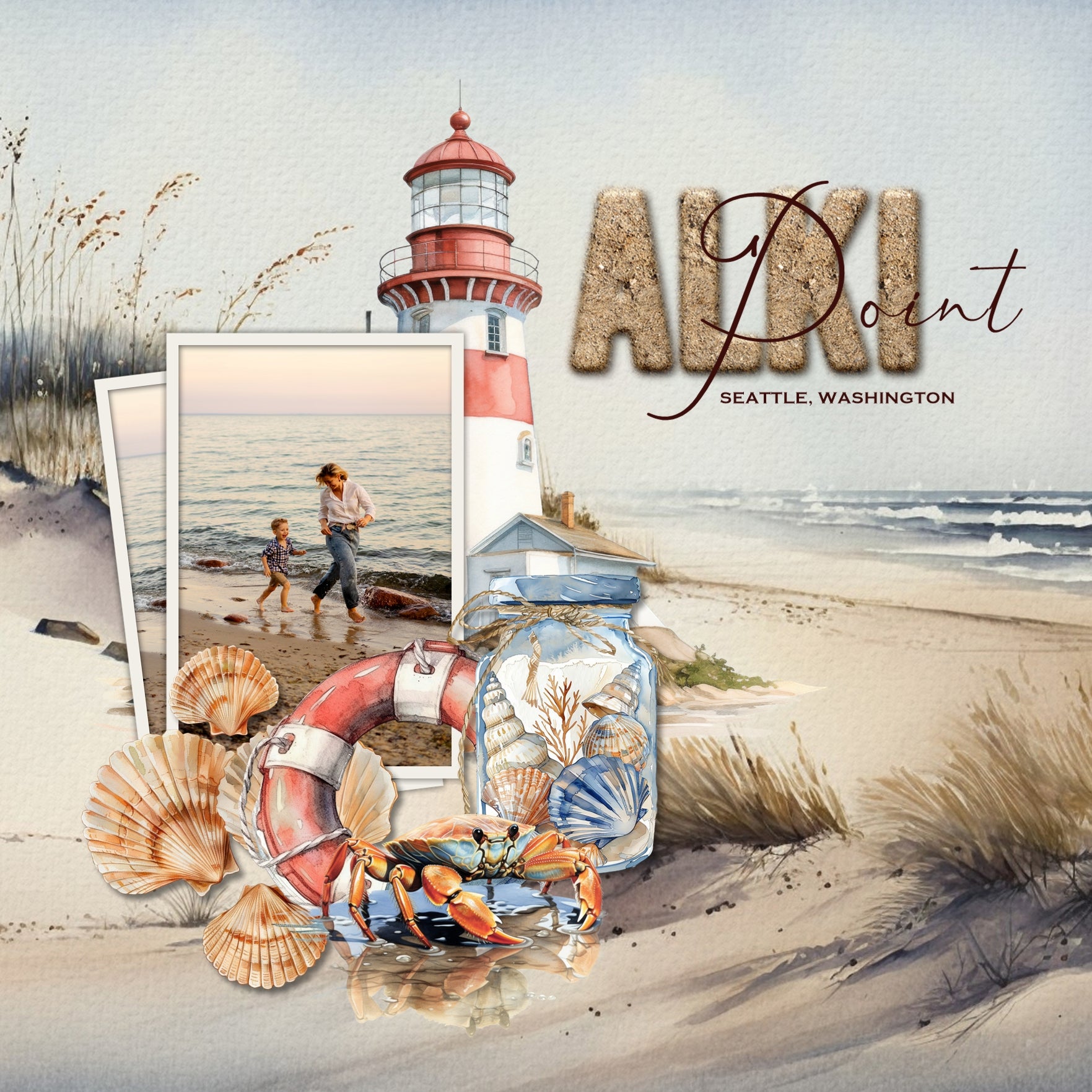 Create beautiful watercolor beach pages for all your summer vacation, beach, sea, coastal, and ocean adventures using these unique embellishments, beach dune papers, rope frames, and 2 alpha sets by Lucky Girl Creative digital art for digital scrapbooking. Great for holidays to Hawaii, the Caribbean, Florida, California, the Outer Banks, the Pacific Northwest, and the New England shoreline. Embellishments include bird, Blue footed Booby, flamingo, heron, crane, pelican, sandpiper, seagull, crab, and more.