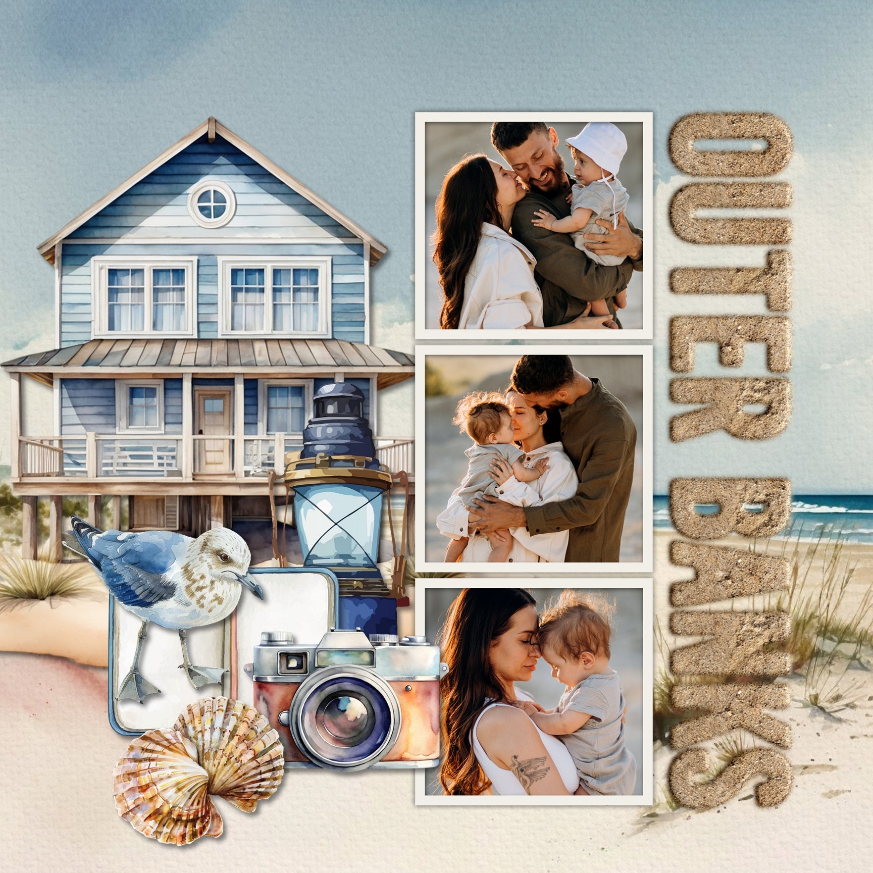 Create beautiful watercolor beach pages for all your summer vacation, beach, sea, coastal, and ocean adventures using these unique embellishments, beach dune papers, rope frames, and 2 alpha sets by Lucky Girl Creative digital art for digital scrapbooking. Great for holidays to Hawaii, the Caribbean, Florida, California, the Outer Banks, the Pacific Northwest, and the New England shoreline. Embellishments include bird, Blue footed Booby, flamingo, heron, crane, pelican, sandpiper, seagull, crab, and more.