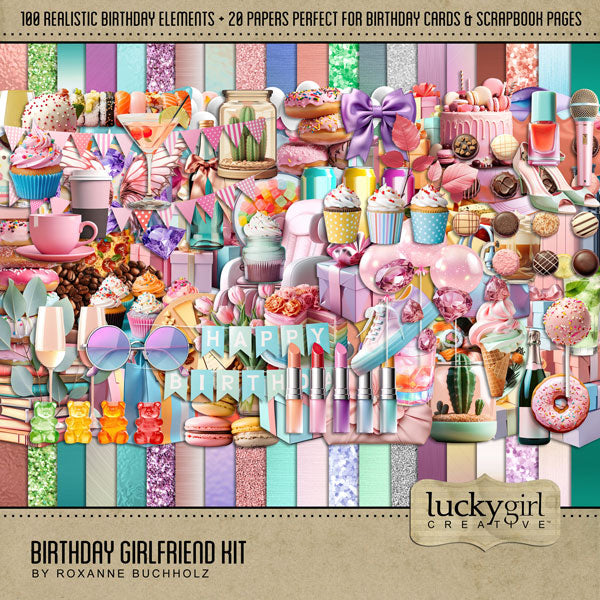 Enjoy the memories created with your girlfriends as you celebrate your birthdays together. This fun and feminine digital scrapbooking embellishments and papers kit by Lucky Girl Creative Digital Art will help you tell your story and bring a smile to your face as you recall your favorite times together.