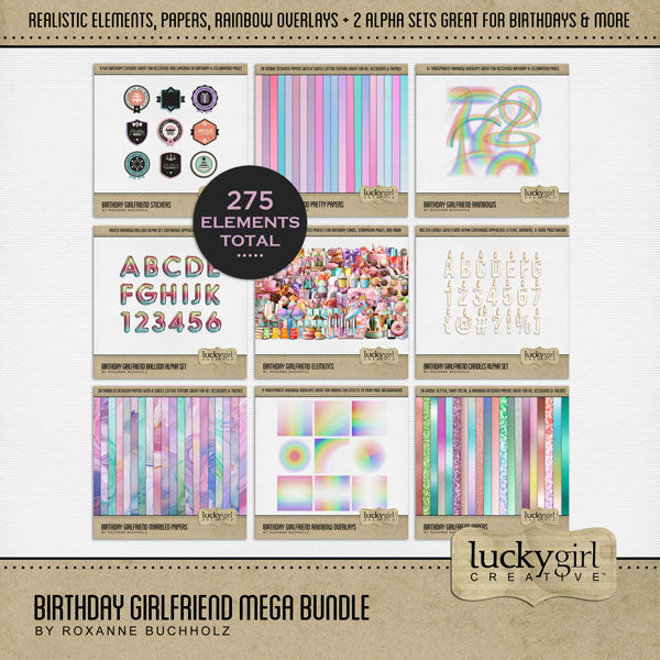 Enjoy the memories created with your girlfriends as you celebrate your birthdays together. This fun and feminine digital scrapbooking embellishments, papers, alpha sets, and rainbow overlays bundle by Lucky Girl Creative Digital Art will help you tell your story and bring a smile to your face as you recall your favorite times together.