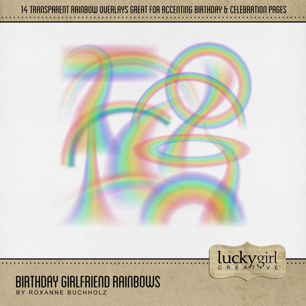 Need a little something to brighten your digital scrapbooking pages or plain photos? Add one of these transparent overlay rainbow embellishments by Lucky Girl Creative digital art for fun! Be sure to play with your opacity levels if you need the rainbows to be lighter or duplicate & overlay the rainbows for a deeper and darker color.