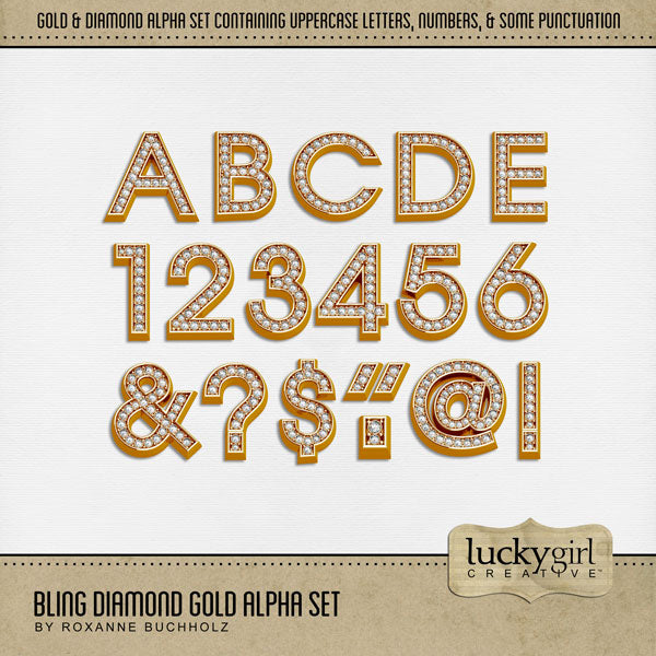 Sparkle and shine with timeless diamond and gold digital art alphabet letters, numbers, and punctuation by Lucky Girl Creative digital art great for adding bling to scrapbooking titles on pages and in scrapbook albums. Great for marriage proposals, wedding, anniversary, and birthday, too!