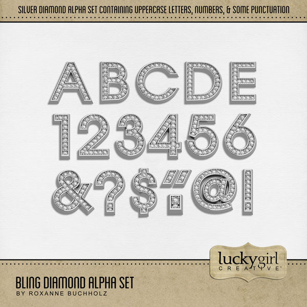 Sparkle and shine with timeless diamond digital art alphabet letters, numbers, and punctuation by Lucky Girl Creative great for adding bling to scrapbooking titles on pages and in scrapbook albums. Great for marriage proposals, wedding, anniversary, and birthday, too! The Bling Diamond Alpha Set consists of a full set of digital art uppercase letters A-Z, numbers 0-9, and some punctuation marks. This alpha set is available as individual embellishments only.