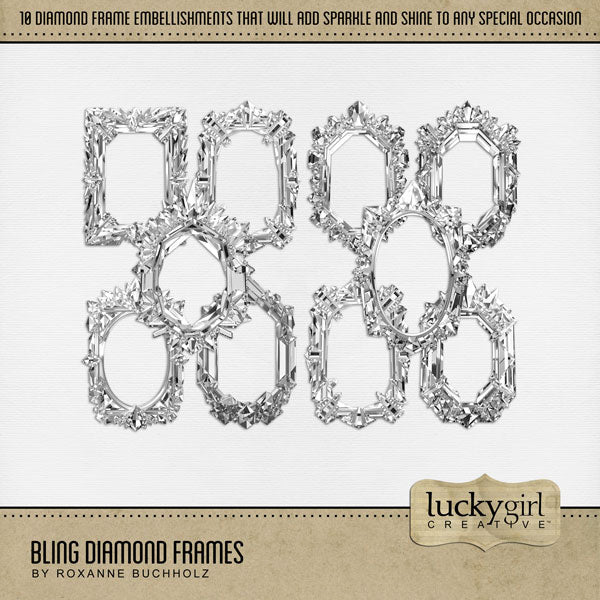 Sparkle and shine with diamond digital art photo frames by Lucky Girl Creative. Add a bit of bling and style to your digital scrapbook pages and albums. Great for marriage proposals, wedding, anniversary, and birthday, too!