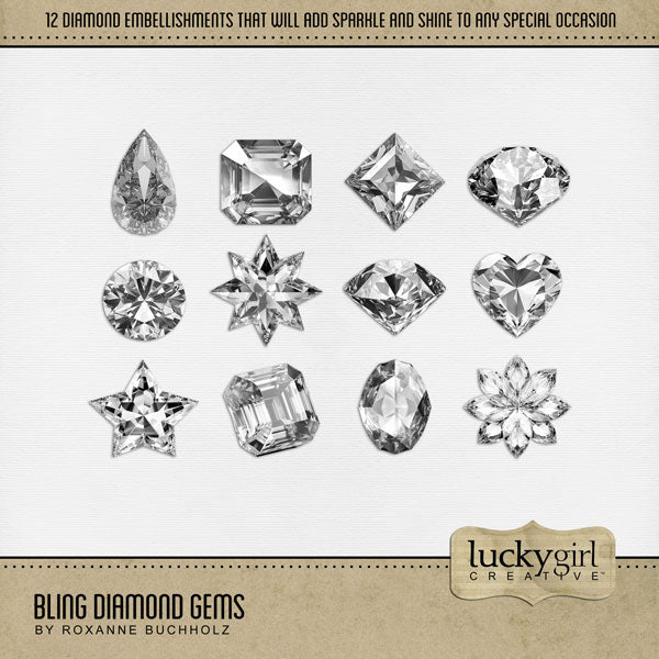 Sparkle and shine with diamond and cut gem digital art by Lucky Girl Creative. Add a bit of bling and style to your digital scrapbook pages and albums. Great for marriage proposals, wedding, anniversary, and birthday, too!