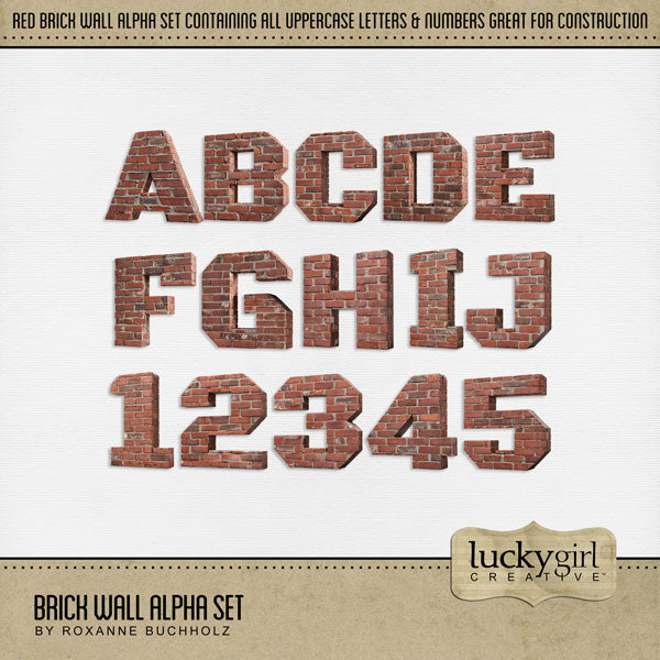 Build the perfect page titles with this digital scrapbooking brick wall alpha set by Lucky Girl Creative digital art great for home renovation, builders, and construction projects. Coordinates with the House Construction Kit. This alpha set is NOT included in any bundle. The Brick Wall Alpha Set consists of a full set of digital art uppercase letters A-Z and numbers 0-9. This alpha set is available as individual embellishments only.