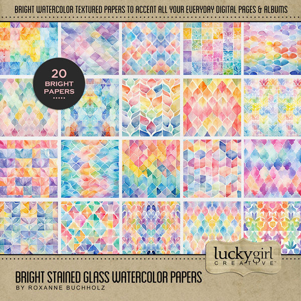 Add beautiful and bright watercolor papers by Lucky Girl Creative digital art to all your digital scrapbooking pages of faith and religious church events! Great for Easter, spring, and summer albums, too. TIP: Try layering on top of other papers and playing with the opacity, or adding various effects to achieve a completely one-of-a-kind look. This kit is NOT included in any bundle.