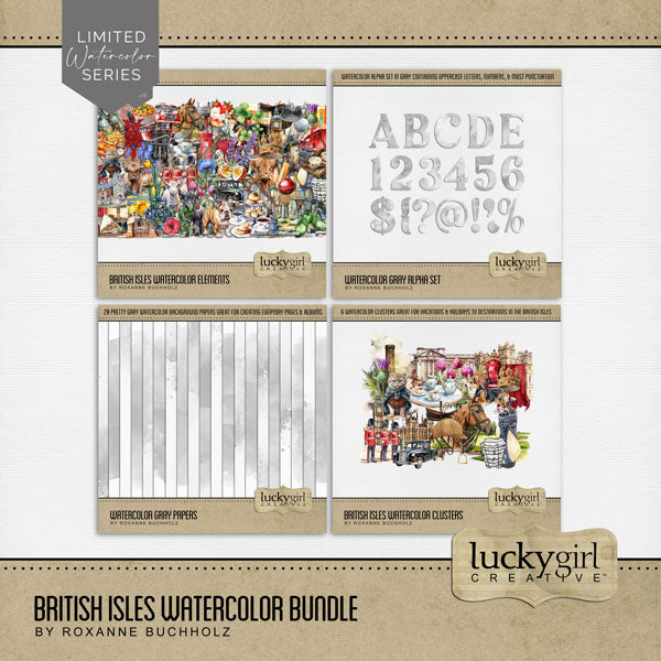 Add these beautiful watercolor embellishments, papers, clusters, and alpha set by Lucky Girl Creative digital art to all your digital scrapbooking pages to easily create memorable European pages and albums of Europe! Great for vacations and holidays to the British Isles including the United Kingdom, Republic of Ireland, England, Scotland, Wales, and Northern Ireland. Wonderful for all things English, Irish, Welsh, and Scottish. Embellishments include Highland cattle, cow, bulldog, dog, and more.