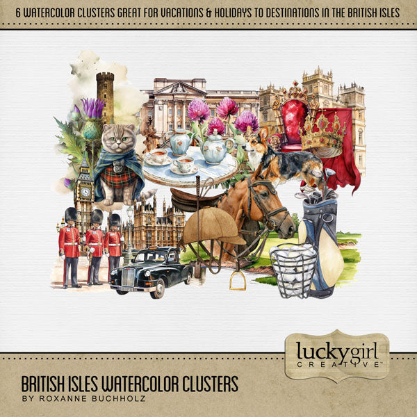 Add these beautiful watercolor clusters by Lucky Girl Creative digital art to all your digital scrapbooking pages to easily create memorable European pages and albums of Europe! Great for vacations and holidays to the British Isles including the United Kingdom, Republic of Ireland, England, Scotland, Wales, and Northern Ireland. Clusters include golf, equestrian, horse riding, castle, crown, throne, tea service, clover, taxi, beefeater, cat, thistle, and Welsh Corgi dog.