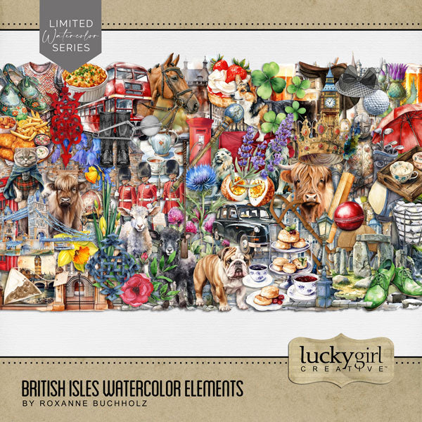 Add these beautiful watercolor embellishments by Lucky Girl Creative digital art to all your digital scrapbooking pages to easily create memorable European pages and albums of Europe! Great for vacations and holidays to the British Isles including the United Kingdom, Republic of Ireland, England, Scotland, Wales, and Northern Ireland. Wonderful for all things English, Irish, Welsh, and Scottish. Embellishments include Highland cattle, cow, dog, King Charles Spaniel, Welsh Corgi, horse, sheep, and more.