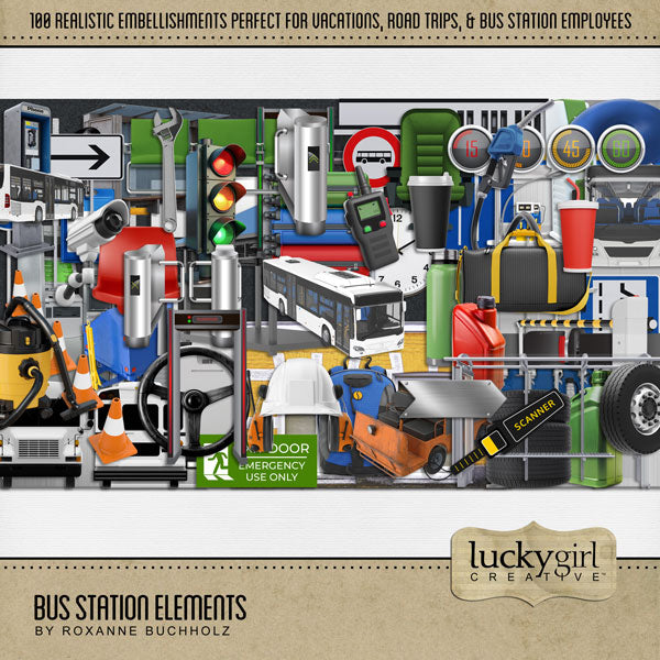 Great for road trips, vacations, and travel bus tours, these realistic digital scrapbooking elements by Lucky Girl Creative digital art are what you are looking for. With all the things you'll find around the bus station and on the bus, these embellishments will add extra fun to your pages.