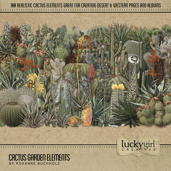 Cactus embellishments and desert papers by Lucky Girl Creative come together in this beautiful Southwest, Arizona, California, New Mexico, Colorado, Utah, Mexico, and travel kit. Also great for Wild West, western, Native American, and nature and outdoor pages from canyons, mesas, buttes, plateaus, and sand dune covered deserts.