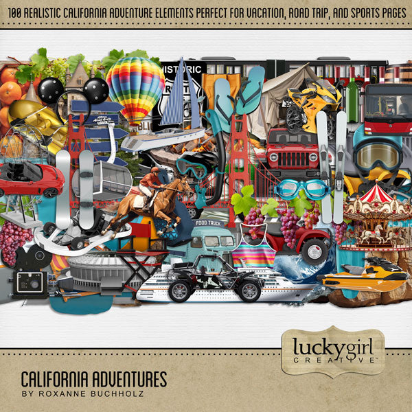 Bright and sunny, these realistic digital embellishments are great for vacations and holidays to California, the beach, the big city, and so much more! Activities include sailing, ATV riding, camping, golfing, road trips, swimming, snow skiing, snowboarding, white water rafting, concerts, sporting events, cruising, jet skiing, and more!