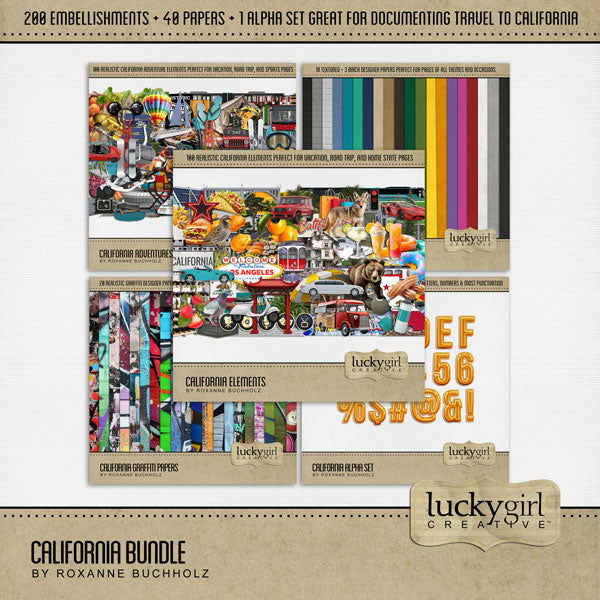 Celebrate California with these bright and sunny realistic digital art embellishments, timeless and graffiti papers, and bright and cheerful alpha set by Lucky Girl Creative. Great for vacations and holidays to California, the beach, the big city, and so much more!