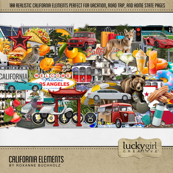Bright and sunny, these realistic digital embellishments by Lucky Girl Creative are great for vacations and holidays to California, the beach, the big city, and so much more! Embellishments include bear, pigeon, quail, coyote, billboard sign, bridge, freeway, tour bus, trolley, bus, tram, bus stop, sports car, convertible automobile, SUV, luxury car, limo, Chinatown, construction, wharf, boardwalk, downtown, and more!