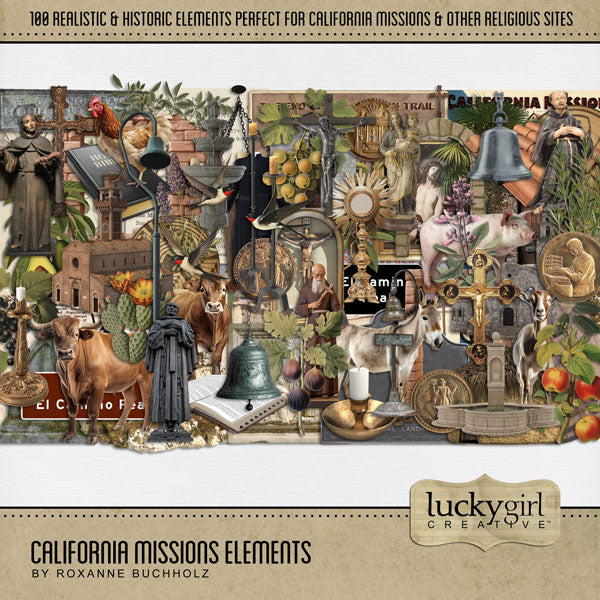 Explore the 21 California Missions along the Historic Mission Trail that roughly follows the El Camino Real (The Royal Road) named in honor of the Spanish monarchy. The digital art embellishments by Lucky Girl Creative include realistic missions, church, faith, religious artifacts, monks, El Camino Real bell, post markers, swallow birds, cactus, orange, palm tree, carving priest, chandelier, church pew, religious cross, postcard, Eucharist, trail marker, historic marker, and Holy Bible.