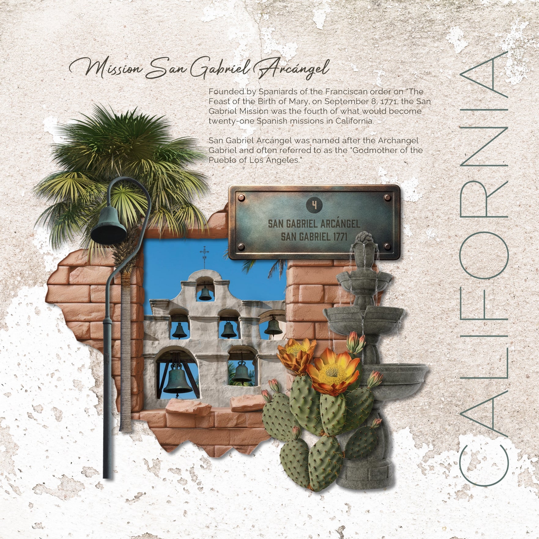 Explore the 21 California Missions along the Historic Mission Trail that roughly follows the El Camino Real (The Royal Road) named in honor of the Spanish monarchy. The digital art embellishments by Lucky Girl Creative include realistic missions, church, faith, religious artifacts, monks, El Camino Real bell, post markers, swallow birds, cactus, orange, palm tree, carving priest, chandelier, church pew, religious cross, postcard, Eucharist, trail marker, historic marker, and Holy Bible.