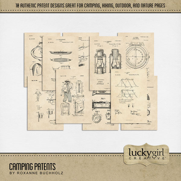 Whether you use a tent or a camper, there's no better way to enjoy the great outdoors than with a camping trip! Add warmth to all your nature pages with these authentic camping patent embellishments by Lucky Girl Creative digital art for digital scrapbooking. Patents include canoe, canteen, compass, flashlight, lantern, pocket knife, sleeping bag, tent, and Boy Scout Knap Sack and Woogle.