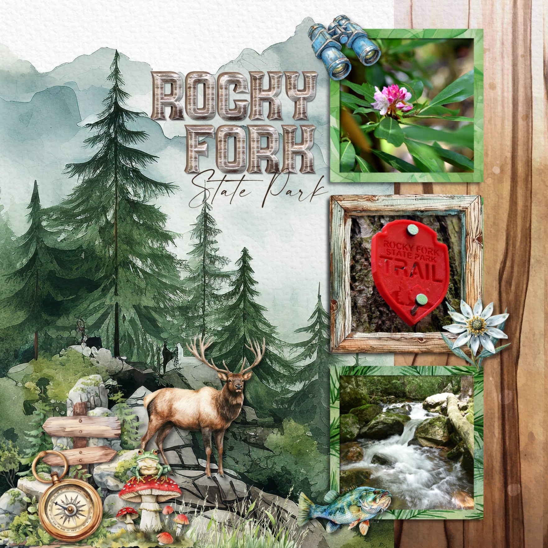 Create beautiful pages with these watercolor scenic window and wood frame embellishments by Lucky Girl Creative digital art that can be used on camping and outdoor digital scrapbooking layouts to create a one-of-a-kind look. Great for nature and outdoors, camping, hiking, vacations to national and state Parks, and more. Embellishments include 6 window frames filled with landscapes such as meadow, waterfall, sky, and mountains as well as 4 empty wood frames to accent your favorite photos.