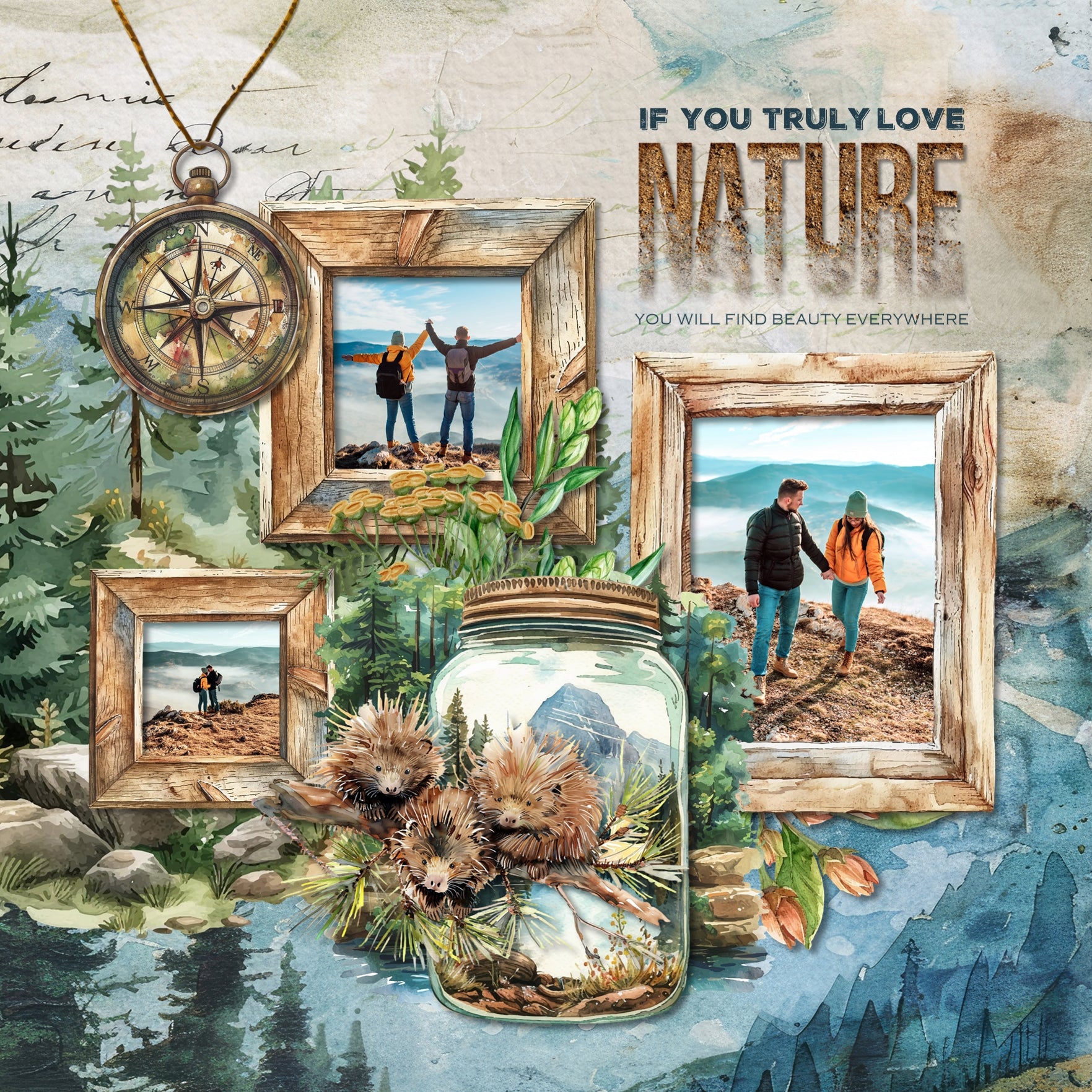 Travel and explore the outdoors and nature with your favorite digital scrapbooking watercolor camping supplies, hiking and climbing gear, fishing tackle, flora and fauna, and wildlife included in this bundle containing embellishments, papers, an alpha set, and clusters by Lucky Girl Creative digital art. Great for nature and outdoors, camping, hiking, vacations to national and state Parks, and more. Embellishments include animals, badger, bear, Big Foot, Sasquatch, bird, hawk, eagle, owl, buffalo, and more.