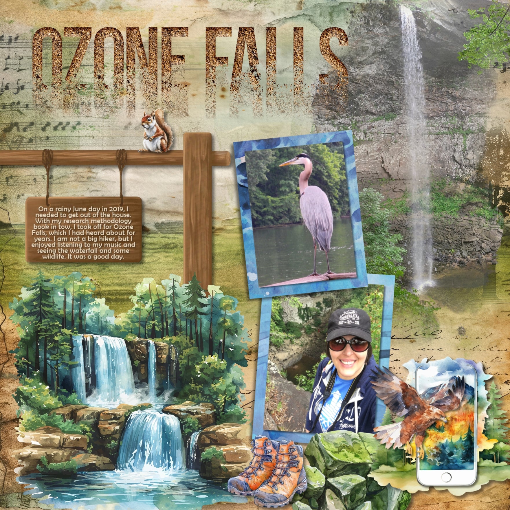 Travel and explore the outdoors and nature with your favorite digital scrapbooking watercolor camping supplies, hiking and climbing gear, fishing tackle, flora and fauna, and wildlife included in this bundle containing embellishments, papers, an alpha set, and clusters by Lucky Girl Creative digital art. Great for nature and outdoors, camping, hiking, vacations to national and state Parks, and more. Embellishments include animals, badger, bear, Big Foot, Sasquatch, bird, hawk, eagle, owl, buffalo, and more.