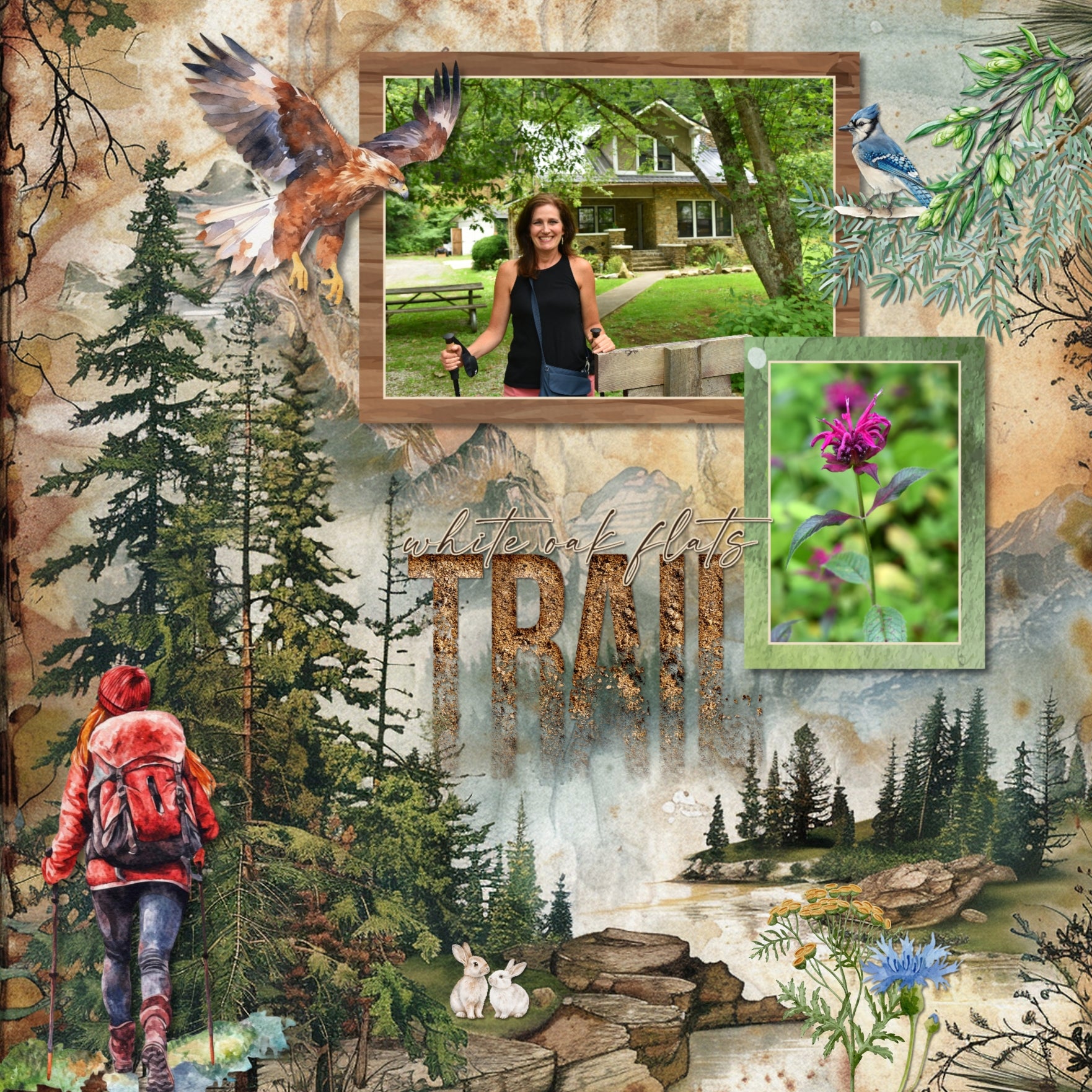 Travel and explore the outdoors and nature with your favorite digital scrapbooking watercolor camping supplies, hiking and climbing gear, fishing tackle, flora and fauna, and wildlife included in this bundle containing embellishments, papers, an alpha set, and clusters by Lucky Girl Creative digital art. Great for nature and outdoors, camping, hiking, vacations to national and state Parks, and more. Embellishments include animals, badger, bear, Big Foot, Sasquatch, bird, hawk, eagle, owl, buffalo, and more.