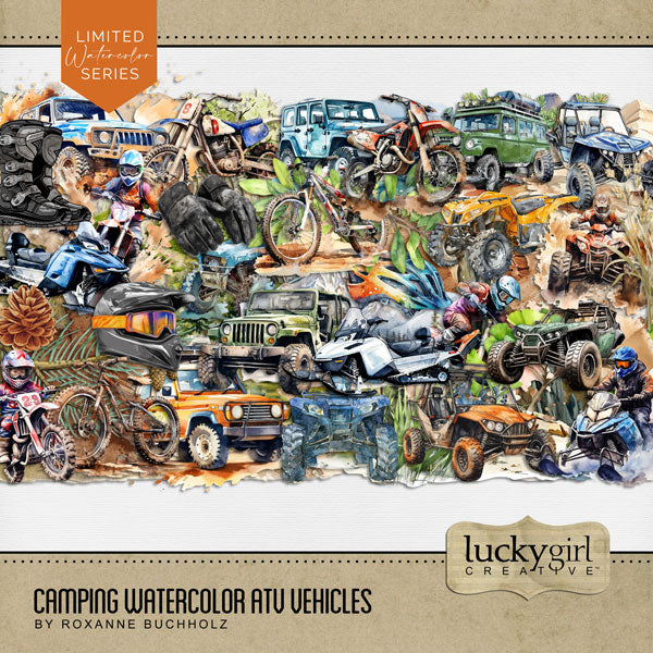 Travel and explore the outdoors and nature on your favorite off-road all terrain vehicles by Lucky Girl Creative digital art including dirt bike, ATV, quad, buggy, side by side, jeep, off road vehicle, mountain bike, motocross motorcycle, and snowmobile. Great for digital scrapbooking camping pages, campground vacations and adventure holidays, camp road trips, extreme motor sports, and more! This kit is NOT included in any bundle.