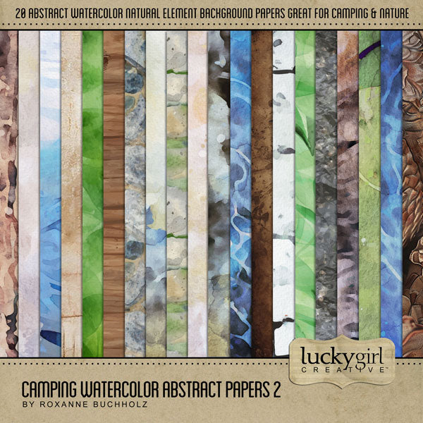 Create beautiful digital scrapbooking pages with these abstract watercolor background papers by Lucky Girl Creative digital art that can be used on camping and outdoor layouts to create a one-of-a-kind look. Great for nature and outdoors, camping, hiking, vacations to national and state Parks, and more. Papers include natural elements such as stone, rock, water, wood, plants, greenery, pinecones, fur, bark, and more! This kit is included in the Camping Watercolor Bundle 2.